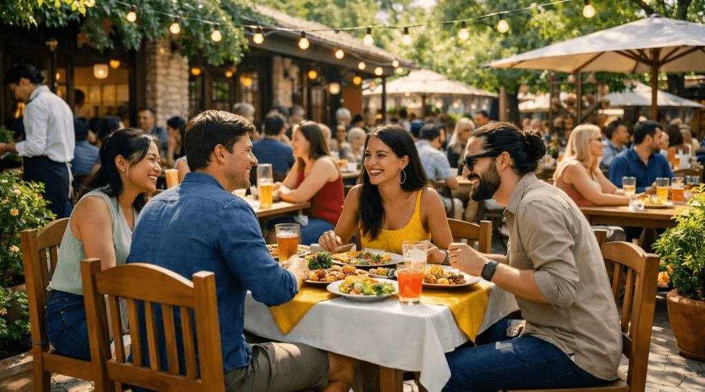 Friends sharing a meal together at a restaurant