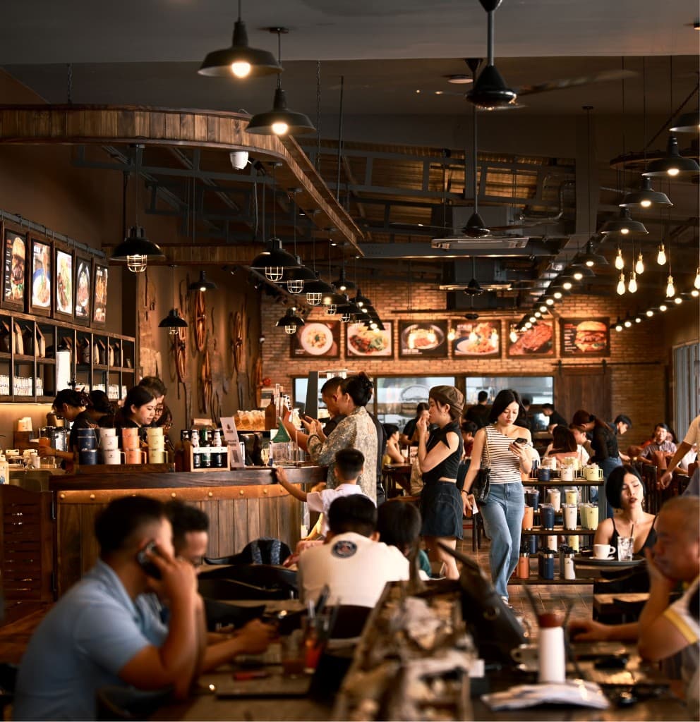 Busy restaurant dining room filled with guests