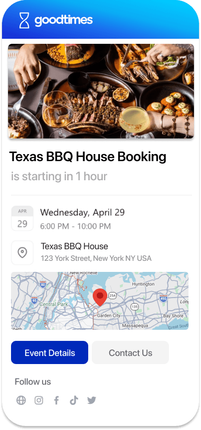 GoodTimes booking reminder for Texas BBQ House showing event details, map and confirmation buttons