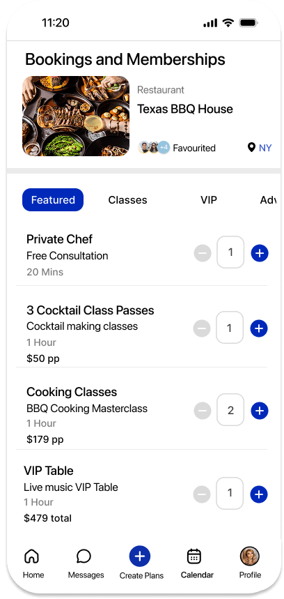 GoodTimes Bookings and Memberships screen for Texas BBQ House showing classes, passes and VIP table options