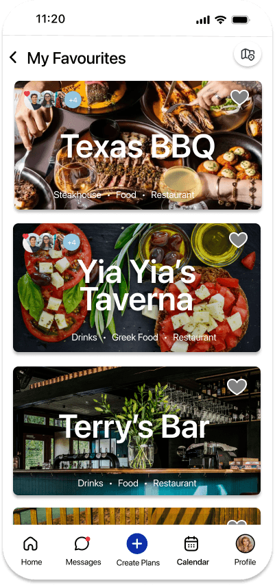 GoodTimes My Favourites screen showing saved local restaurants and bars