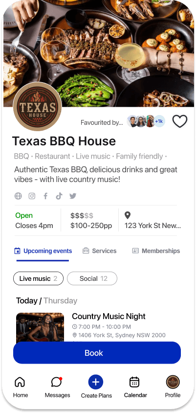 Texas BBQ House business profile on GoodTimes showing upcoming events and booking options