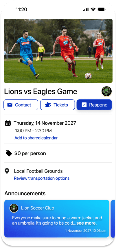 GoodTimes Lions vs Eagles Game event page showing announcements and community engagement options