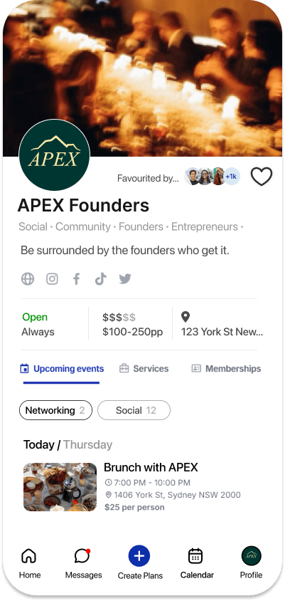 APEX Founders community profile on GoodTimes showing partnerships, upcoming events and discovery options