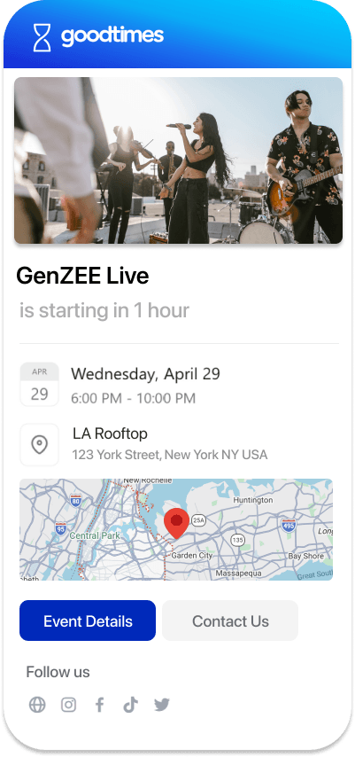 GoodTimes event reminder for GenZEE Live showing event details, map and confirmation buttons