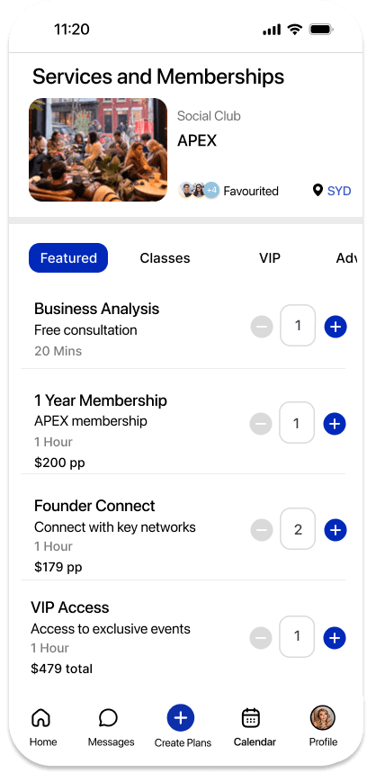 GoodTimes Services and Memberships screen for APEX Social Club showing membership tiers and services