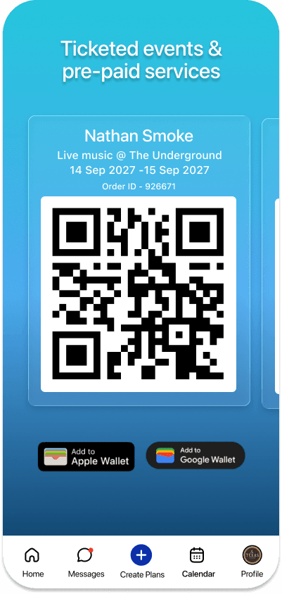 Ticketed events and pre-paid services screen showing Nathan Smoke live music ticket with QR code and wallet options