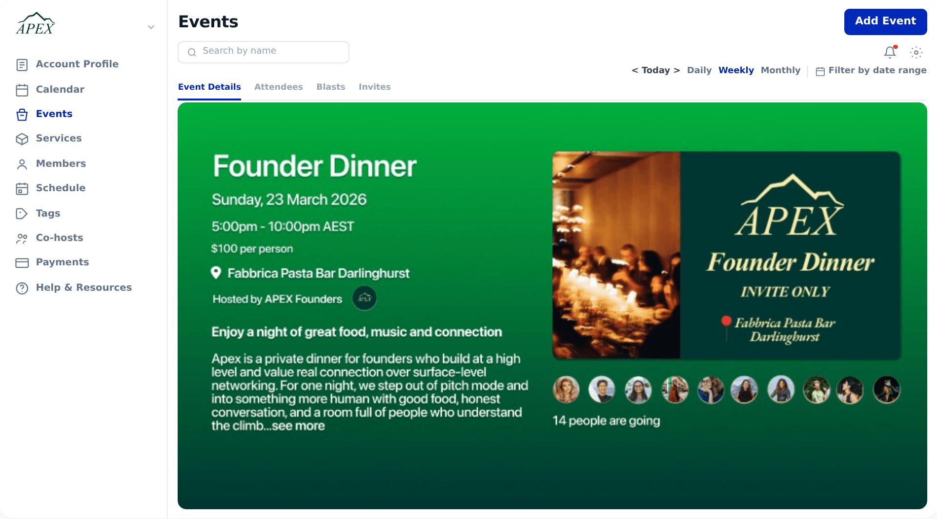 Events dashboard showing the APEX Founder Dinner event page