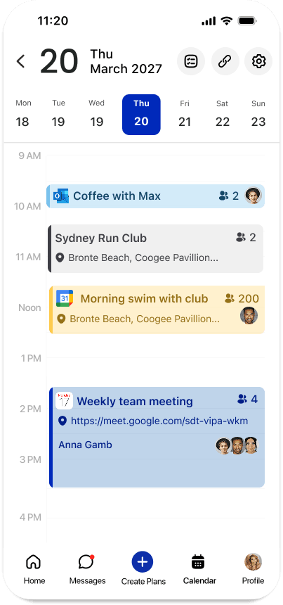 GoodTimes calendar showing Outlook, Google, and Apple events in one daily view