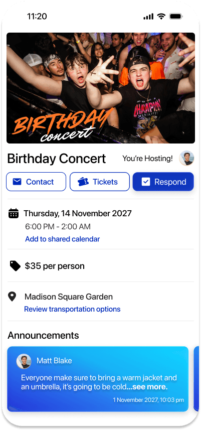 GoodTimes birthday concert event page showing tickets and payments