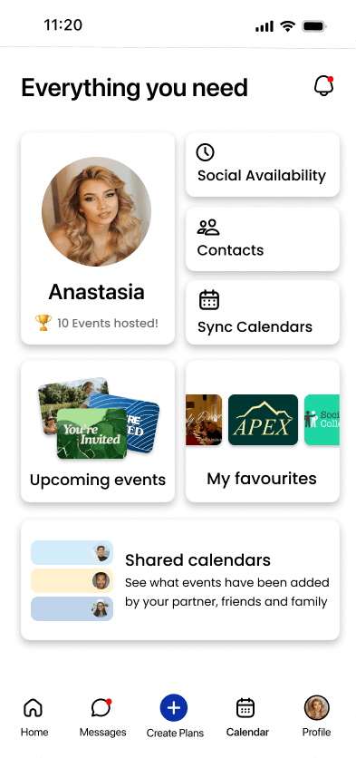 GoodTimes profile showing shared calendars and reminders