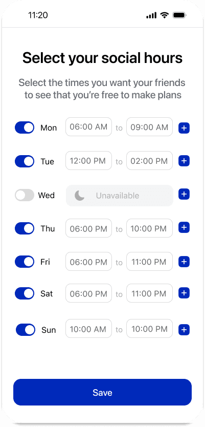 GoodTimes social hours settings showing when friends can see you are free