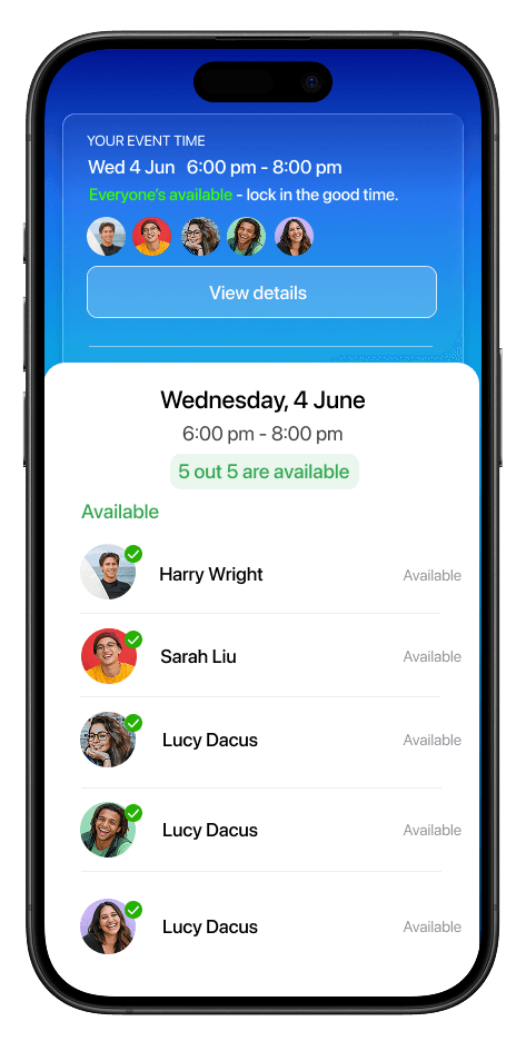 GoodTimes app showing mutually available times for a group event