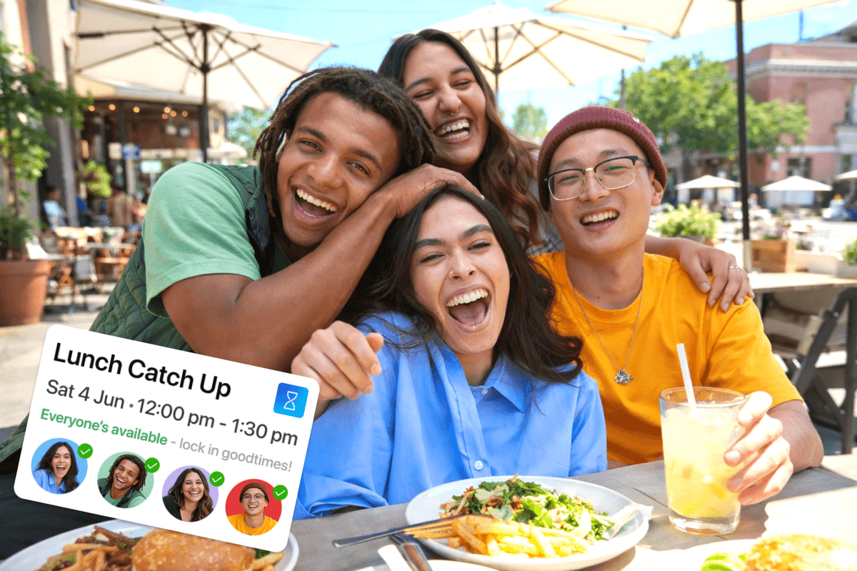 Friends laughing together over a meal at an outdoor cafe, with a Lunch Catch Up plan card showing everyone is available